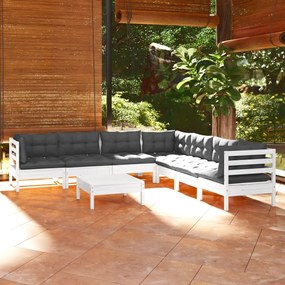 3096798 vidaXL Set mobilier de grădină cu perne, 8 piese, alb, lemn masiv pin