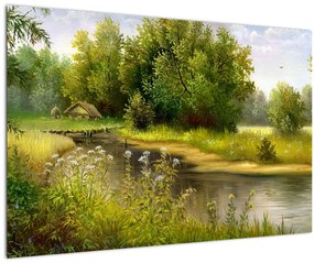 Tablou - Râu lângă pădure, pictură în ulei (90x60 cm)