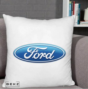 Perna Personalizata cu emblema Ford, 40x40 cm, Alb Pufos, Husa Detasabila, Perna Inclusa, BEKZ®