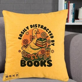 Perna Personalizata Easily Distracted by Books, 40x40 cm, Galben, Husa Detasabila, Perna Inclusa, BEKZ®