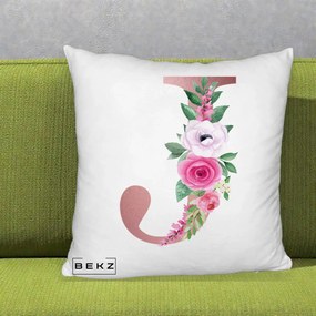 Cadou Personalizat - Perna Personalizata Monograma Rose Gold Litera J, 40x40 cm, Alb Pufos, Husa Detasabila, Perna Inclusa, BEKZ®