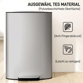 HOMCOM Coș de Gunoi cu Pedală de 50L cu Capac Amortizat, Deschidere la 90° și Găleată Detașabilă, Oțel Inoxidabil, Gri | Aosom Romania