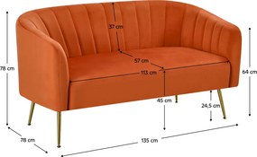 Canapea de design cu 2 locuri, ţesătură Velvet teracota/gold crom-auriu, BAGY