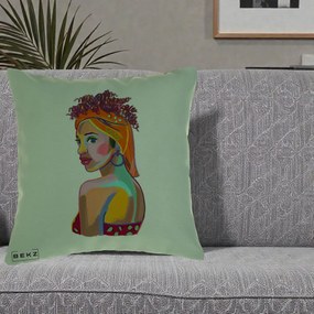 Perna Decorativa Portret Femeie Colorat Pop Art, 40x40 cm, Verde, Husa Detasabila, Perna Inclusa, BEKZ®