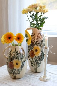 Carafă decorativă din ceramică cu motiv floral, H25/D17 cm, crem