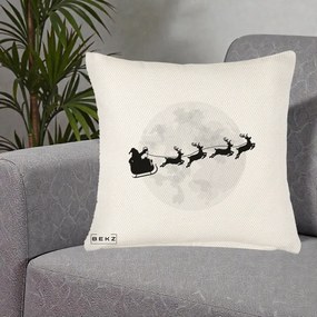 Perna Decorativa Mos Craciun Sanie Luna, 40x40 cm, Crem Reliefat, Husa Detasabila, Perna Inclusa, BEKZ®