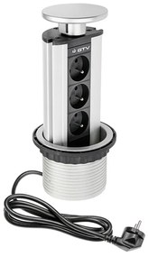 Priza incastrabila rotunda , 3 prize schuko, cablu 1.8 m, negru + aluminiu, GTV
