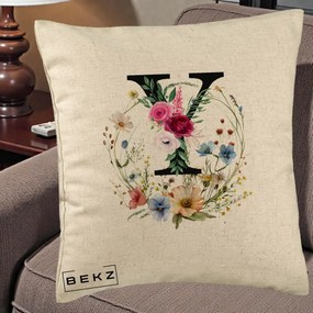 Cadou Personalizat - Perna Personalizata Monograma Florala Litera Y cu Coroana, 40x40 cm, Bej, Husa Detasabila, Perna Inclusa, BEKZ®