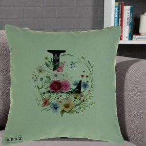Cadou Personalizat - Perna Personalizata Monogram Litera L cu Flori Acuarela, 40x40 cm, Verde, Husa Detasabila, Perna Inclusa, BEKZ®