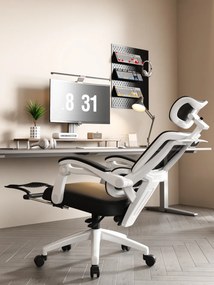 Scaun ergonomic cu suport lombar, tetieră reglabilă 3D, suport pentru picioare, Mesh, Alb/Negru