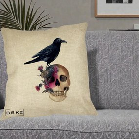 Perna Decorativa Craniu cu Corb si Flori Gothic, 40x40 cm, Crem, Husa Detasabila, Perna Inclusa, BEKZ®