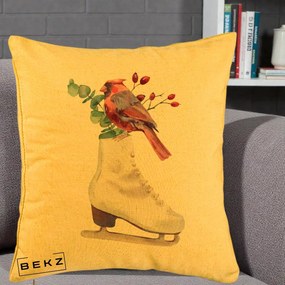 Perna Decorativa Cardinal Rosu pe Patina de Gheata, 40x40 cm, Galben, Husa Detasabila, Perna Inclusa, BEKZ®