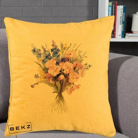 Perna Decorativa Buchet Floral Acuarela Primavara, 40x40 cm, Galben, Husa Detasabila, Perna Inclusa, BEKZ®