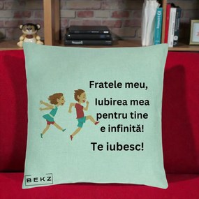 Cadou pentru Frate - Perna Personalizata Fratele Meu Te Iubesc Copii Alergand Colorat, 40x40 cm, Verde Menta, Husa Detasabila, Perna Inclusa, BEKZ®
