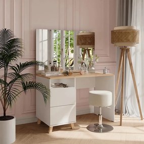 SEA913 - Set masă toaletă 110 cm pentru machiaj cu oglindă LED, opțiune cu sau fără scaun – Design modern și funcțional - Alb - Culoarea Stejar