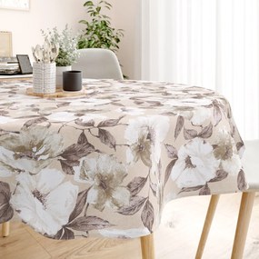Goldea față de masă decorativă loneta - flori albe și maro cu frunze - rotundă Ø 120 cm