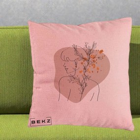 Perna Decorativa Femeie cu Flori Line Art Boho, 40x40 cm, Roz, Husa Detasabila, Perna Inclusa, BEKZ®