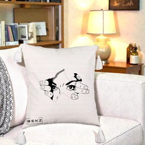 Perna Decorativa Ochi care Rup Suprafata, 40x40 cm, Bej cu Franjuri, Husa Detasabila, Perna Inclusa, BEKZ®