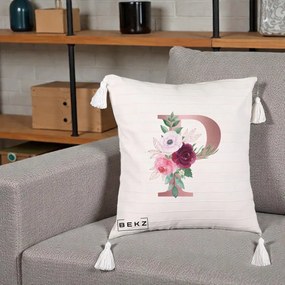 Cadou Personalizat - Perna Personalizata Monograma Rose Gold Litera P, 40x40 cm, Bej cu Franjuri, Husa Detasabila, Perna Inclusa, BEKZ®