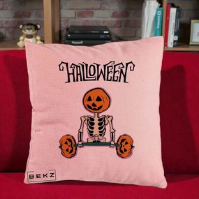 Perna Decorativa Halloween Schelet cu Cap de Dovleac Powerlifting, 40x40 cm, Roz, Husa Detasabila, Perna Inclusa, BEKZ®