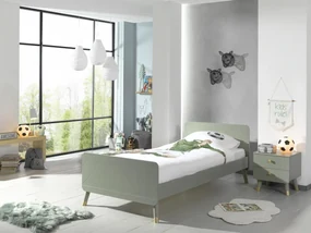Set Pat Single și Noptieră pentru Copii, 2 Piese, 90x200 cm, Verde Olive (Pin Masiv și MDF) – Billy – Vipack