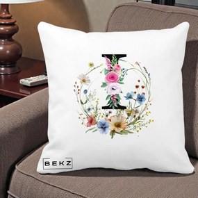 Cadou Personalizat - Perna Personalizata Monogram Litera I cu Flori Acuarela, 40x40 cm, Alba Mata, Husa Detasabila, Perna Inclusa, BEKZ®