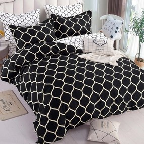 Lenjerie de pat cu 2 fete, tesatura tip finet, pat 2 persoane, negru / alb, 6 piese, FNJ-327