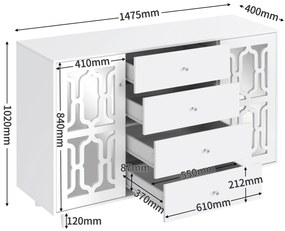 Comodă albă cu oglindă și mânere din cristal, culoare albă | Aosom România