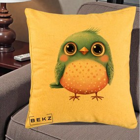 Perna Decorativa Pasare Teal-Roz cu Pete, 40x40 cm, Galben, Husa Detasabila, Perna Inclusa, BEKZ®