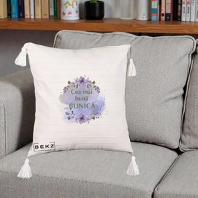Cadou pentru Bunica - Perna Personalizata Cea Mai Buna Bunica Flori Mov Acuarela Auriu, 40x40 cm, Bej cu Franjuri, Husa Detasabila, Perna Inclusa, BEKZ®