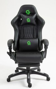 RESIGILAT- Scaun gaming, Masaj in 7 puncte, Boxe Bluetooth, funcție șezlong, 90-155 grade, suport picioare, PU, Negru/cusatura verde