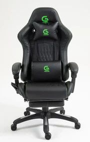 RESIGILAT- Scaun gaming, Masaj in 7 puncte, Boxe Bluetooth, funcție șezlong, 90-155 grade, suport picioare, PU, Negru/cusatura verde