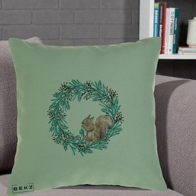 Perna Decorativa Coroana Turcoaz cu Veverita, 40x40 cm, Verde, Husa Detasabila, Perna Inclusa, BEKZ®