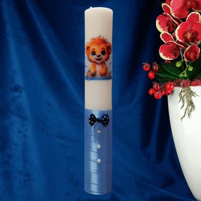 Lumanare botez decorata Leu albastru 7 cm, 30 cm