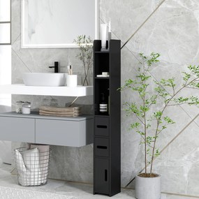 Kleankin Dulap Înalt de Baie cu Rafturi și Dulapuri, Mobilier Baie Înalt Spațiu de Depozitare, din Lemn, 15x17x120 cm, Negru | Aosom Romania