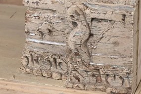Bibliotecă înaltă din lemn masiv de tec, natur, cu 3 rafturi deschise și sculpturi vechi lucrate manual, 210 x 150 x 60 cm, „Parthenon”