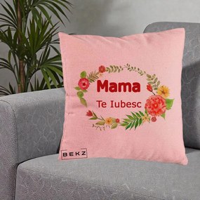 Cadou pentru Mama - Perna Personalizata Mama Te Iubesc Flori Rosii, 40x40 cm, Roz, Husa Detasabila, Perna Inclusa, BEKZ®