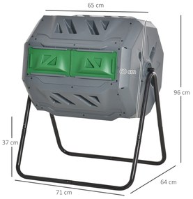 Outsunny Compostor Rotativ cu 2 Secțiuni și 8 Prize de Aerisire din Oțel și PP, 160L, 71x65x96 cm, Gri | Aosom Romania