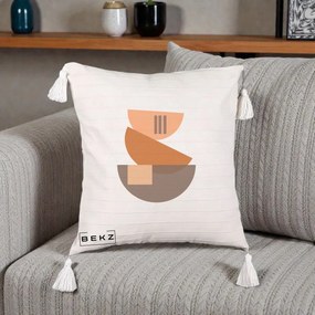 Perna Decorativa Geometric Bauhaus Boluri Portocaliu, 40x40 cm, Bej cu Franjuri, Husa Detasabila, Perna Inclusa, BEKZ®