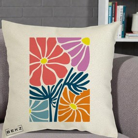 Perna Decorativa Flori Grafice Roz-Orange-Albastru, 40x40 cm, Ecru, Husa Detasabila, Perna Inclusa, BEKZ®