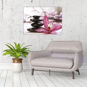 Tablou pe sticlă cupietre pentru masaj și orhidee (70x50 cm)
