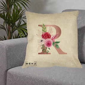 Cadou Personalizat - Perna Personalizata Monograma Rose Gold Litera R, 40x40 cm, Crem, Husa Detasabila, Perna Inclusa, BEKZ®