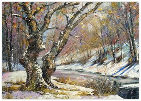 Tablou pe sticlă cu peisaj de iarnă pictat (70x50 cm)