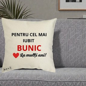 Cadou pentru Bunic - Perna Personalizata Pentru Cel Mai Iubit Bunic La Multi Ani Rosu, 40x40 cm, Ecru, Husa Detasabila, Perna Inclusa, BEKZ®