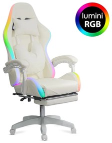 Scaun ergonomic gaming alb cu piele ecologică cu lumini LED RGB OFF 298