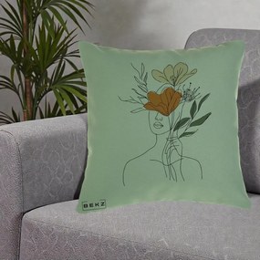 Perna Decorativa Portret Feminin Coroana Florala, 40x40 cm, Verde, Husa Detasabila, Perna Inclusa, BEKZ®