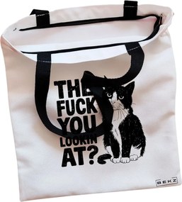 Sacosa de Panza pentru Cumparaturi, Geanta Tote, model What are you looking at?, Cu fermoar, 38x34.5 cm, Alba, BEKZ®