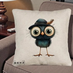 Perna Decorativa Pui Misterios cu Palarie Neagra, 40x40 cm, Bej Canapea, Husa Detasabila, Perna Inclusa, BEKZ®