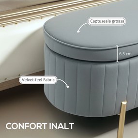 HOMCOM Bancă de Depozitare pentru Intrare Ovală 72L cu Design Scanalat, Capac Ridicabil și Șezut Capitonat, Bancă de la Capătul Patului Pouf în Catifea și Picioare de Lemn de Pin, 108x44x43.5 cm, Gri | Aosom Romania