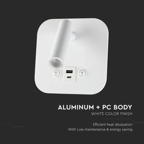 Aplică LED de perete cu port USB, 8W, 230V, 3000K, alb
